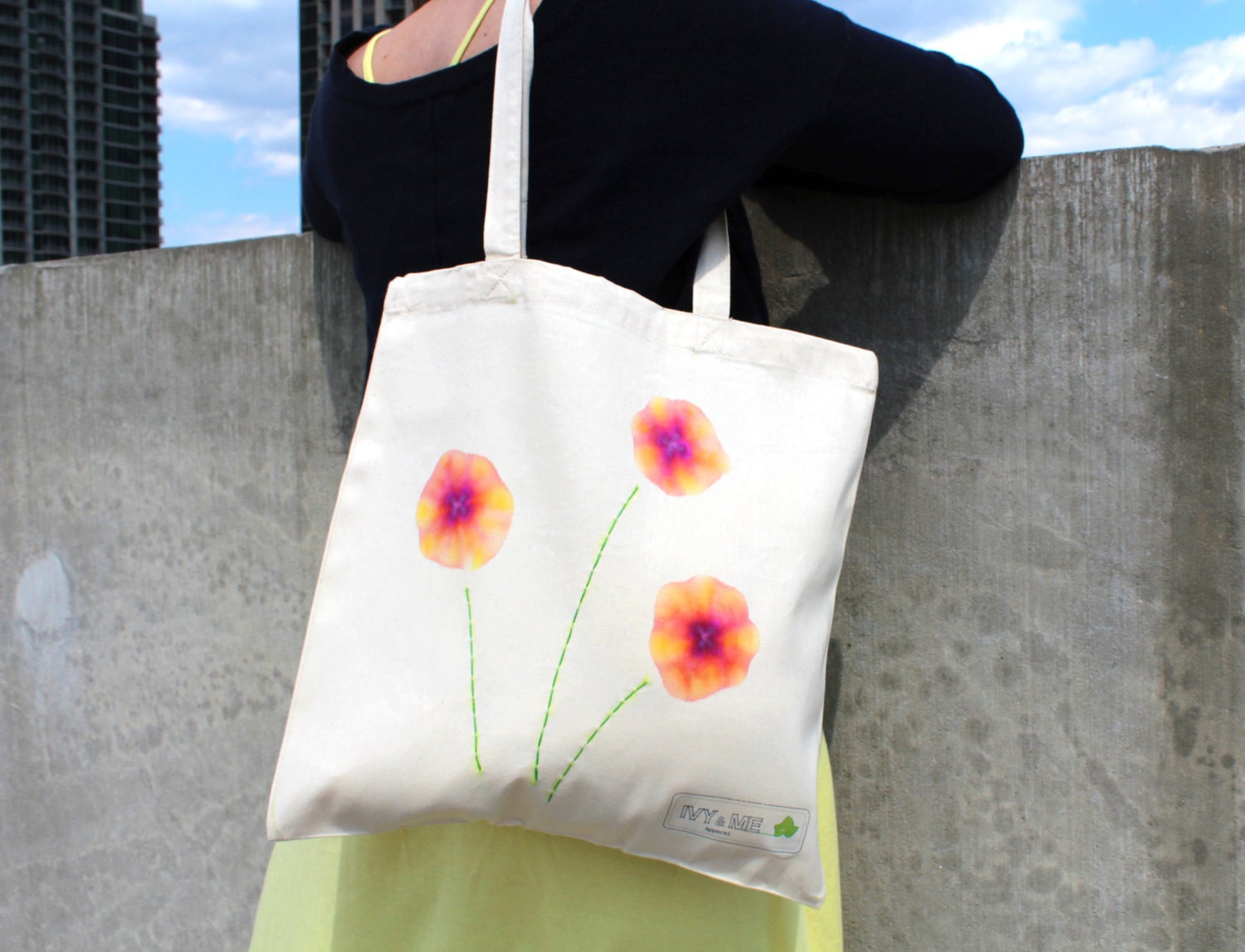 Hand-Painted, Hand-Sewn Canvas Poppy Tote Bag