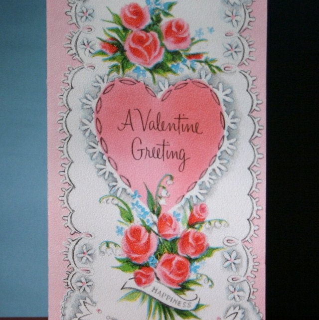 Valentines Day Card Vintage Pink Heart Banner Dove Pink Roses