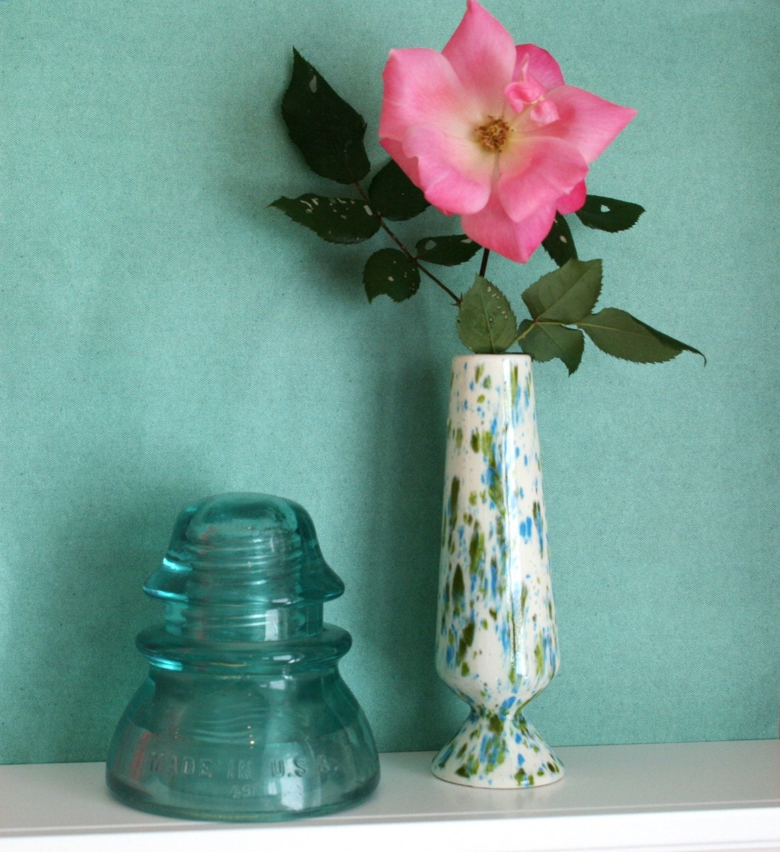 Vintage Vase Cream Green Turquoise Speckled 1970