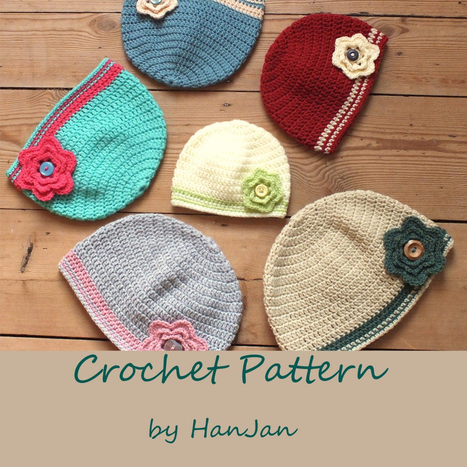 Instant Download PDF Crochet Pattern: Stripe Flower Beanie Hat, 6 sizes, UK instructions with HanJan tutorial