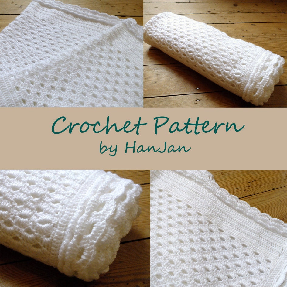 Instant Download PDF Crochet Pattern: White Shell Lace Baby Blanket, easy UK instructions with HanJan crochet tutorial