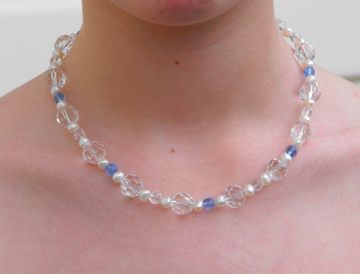 Statement Necklace Perfect for Wedding, Clear crystal beads, blue crystal beads and genuine white pearls with toggle and loop clasp