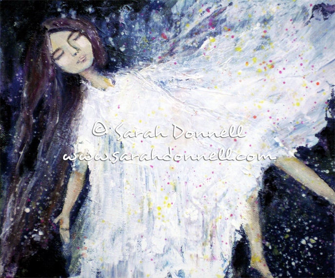 A4 Print Original Artwork Giclee White Dress Dark Blue Navy Stars Mixed Media Woman Girl Painting Dream Fine Art Australian Artist - Falling