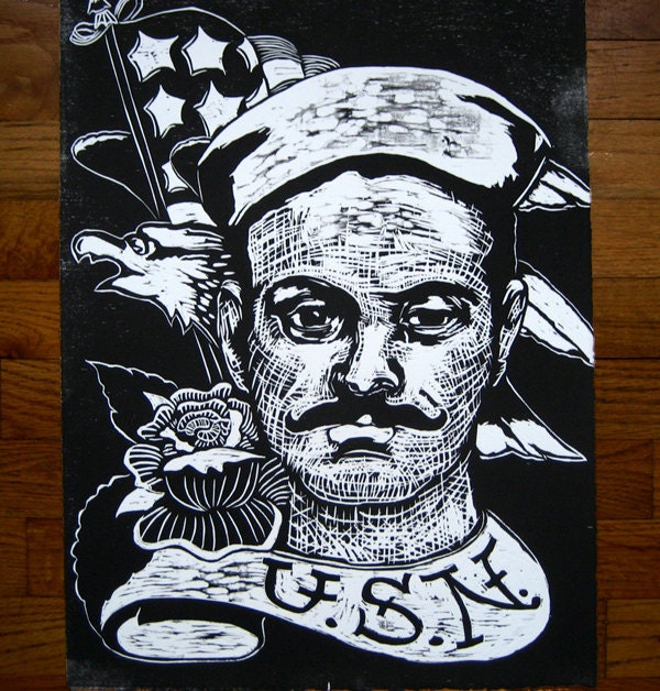 Woodcut, Sailor with Tattoos USN