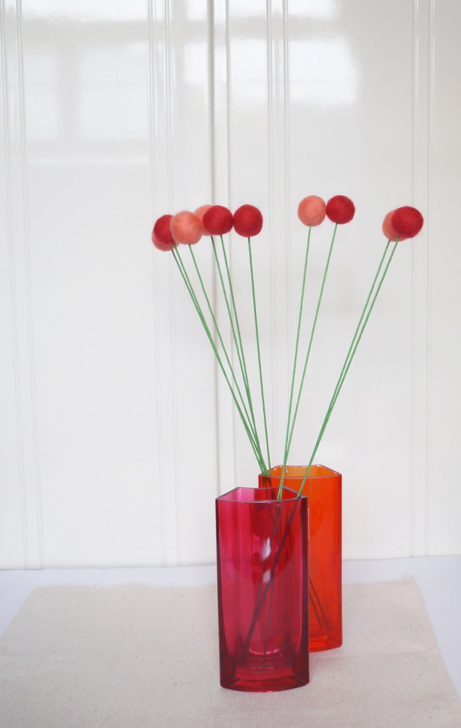 10 Red Peach Wool Felt Billy Ball Flowers - Needlecraft Pom Pom Blooms - Love Gift For Her Romantic Valentine Home Decor Decorating Floral