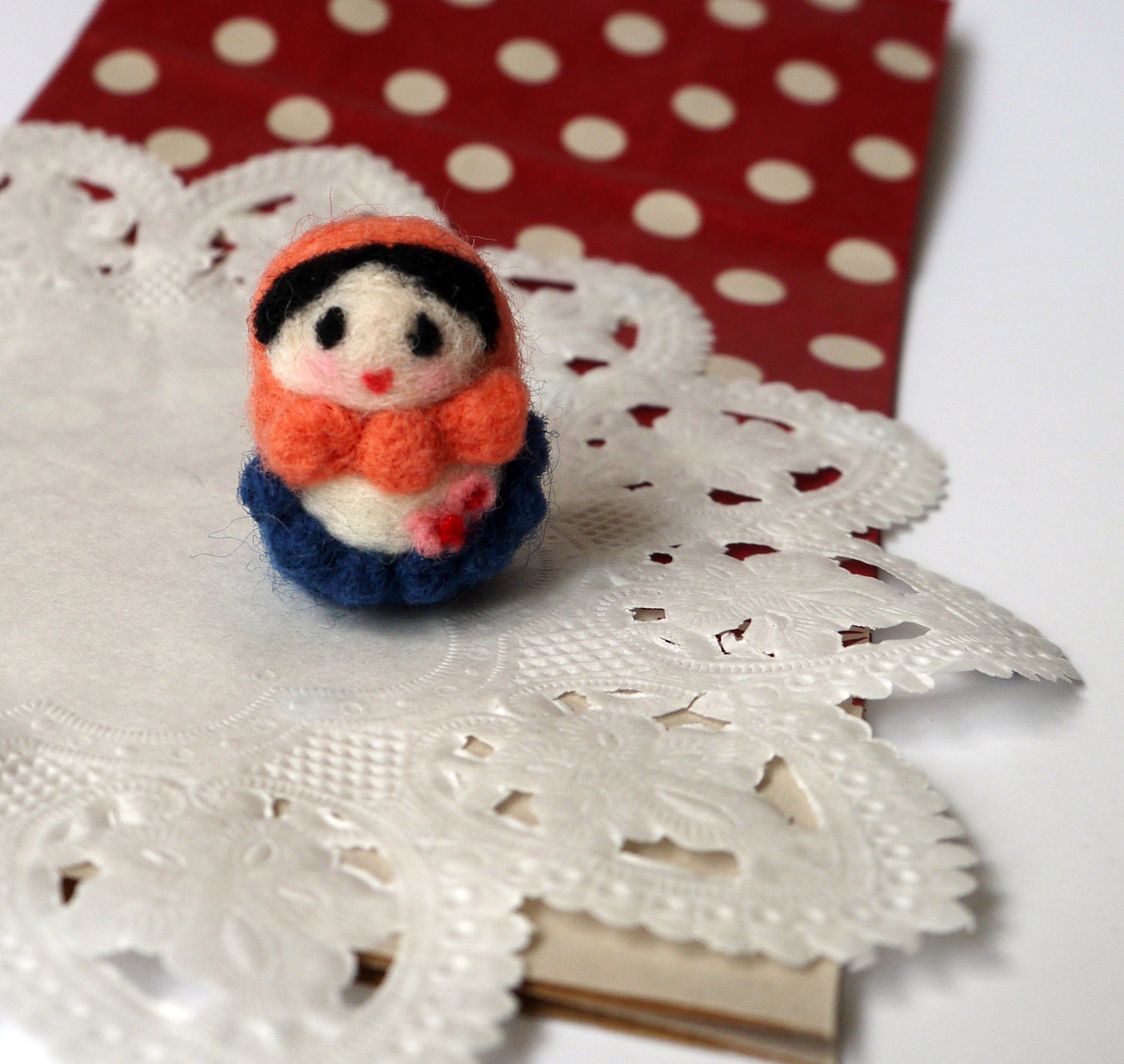 Peach Dark Blue Wool Felt RUSSIAN DOLL Toy Miniature - Love Gift for Mother Children Wife