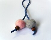PINK GREY Needle Felted Wool Pom Pom Billy Ball Bookmark with Suede - Love Gift Mother Father Children