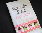 keep calm and eat cupcakes kitchen or bathroom hand show towel with ribbon and ric rac embellishment