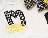 initial applique with monogram name baby girl shirt or onesie embroidered matching hairbow baby shower gift houndstooth pink purple