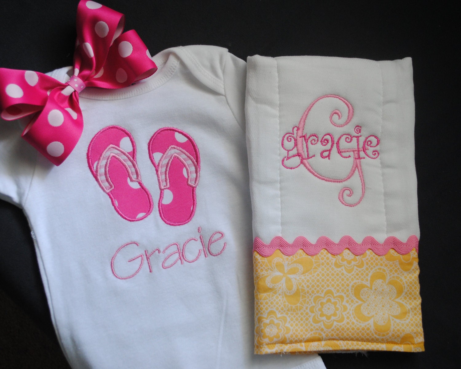 baby girl onesie, burp cloth, and hairbow monogrammed embroidered pink polka dots