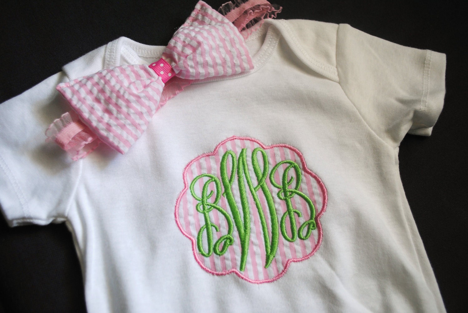 seersucker baby girls scalloped monogrammed onesie with matching hairbow pink and green