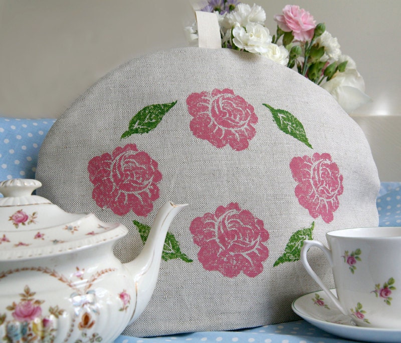 Rose hand-printed linen tea cosy - pink, floral, tea party, garden party, English - Corydora