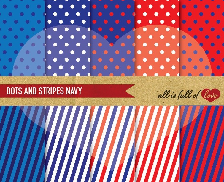 Digital Scrapbooking Paper Pack  NAVY Blue and Red POLKA Dots & STRIPES Printable Backgrounds Set with Instant Download
