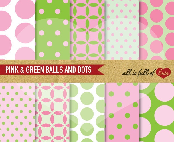 Scrapbooking Digital Paper Pack GREEN and PINK Balls and Polka Dots Backgrounds Printable with Instant Download