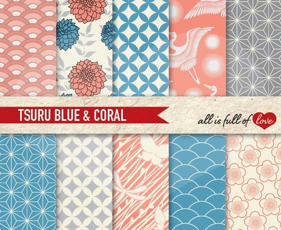Digital Paper Pack Japanese Tsuru BLUE & CORAL Printable Scrapbooking Backgrounds INSTANT Download
