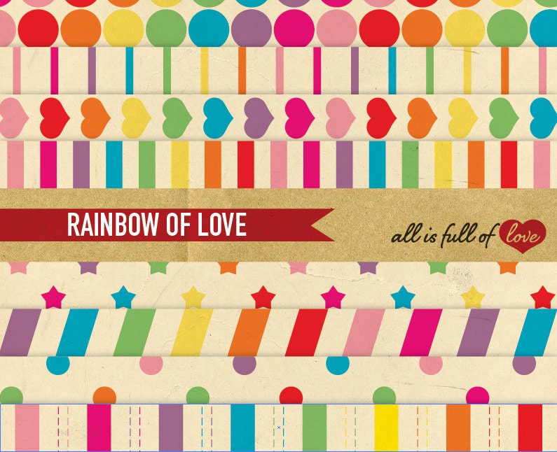 Digital Paper Pack RETRO RAINBOW LOVE Scrapbooking Printable Background instant download