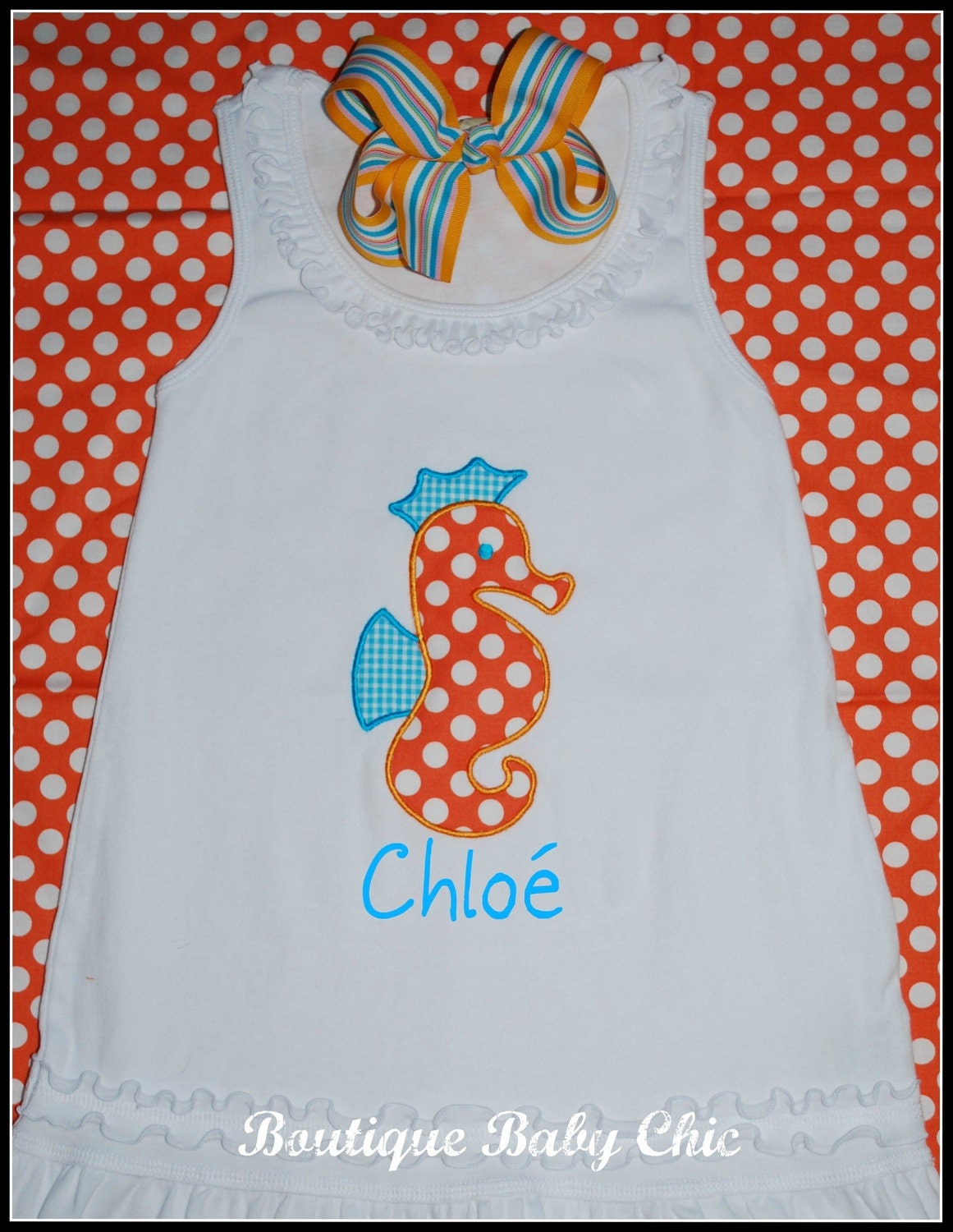 Toddler Dress w Seahorse applique / Turquoise / orange polka dot Monogram Personalized White summer Dress