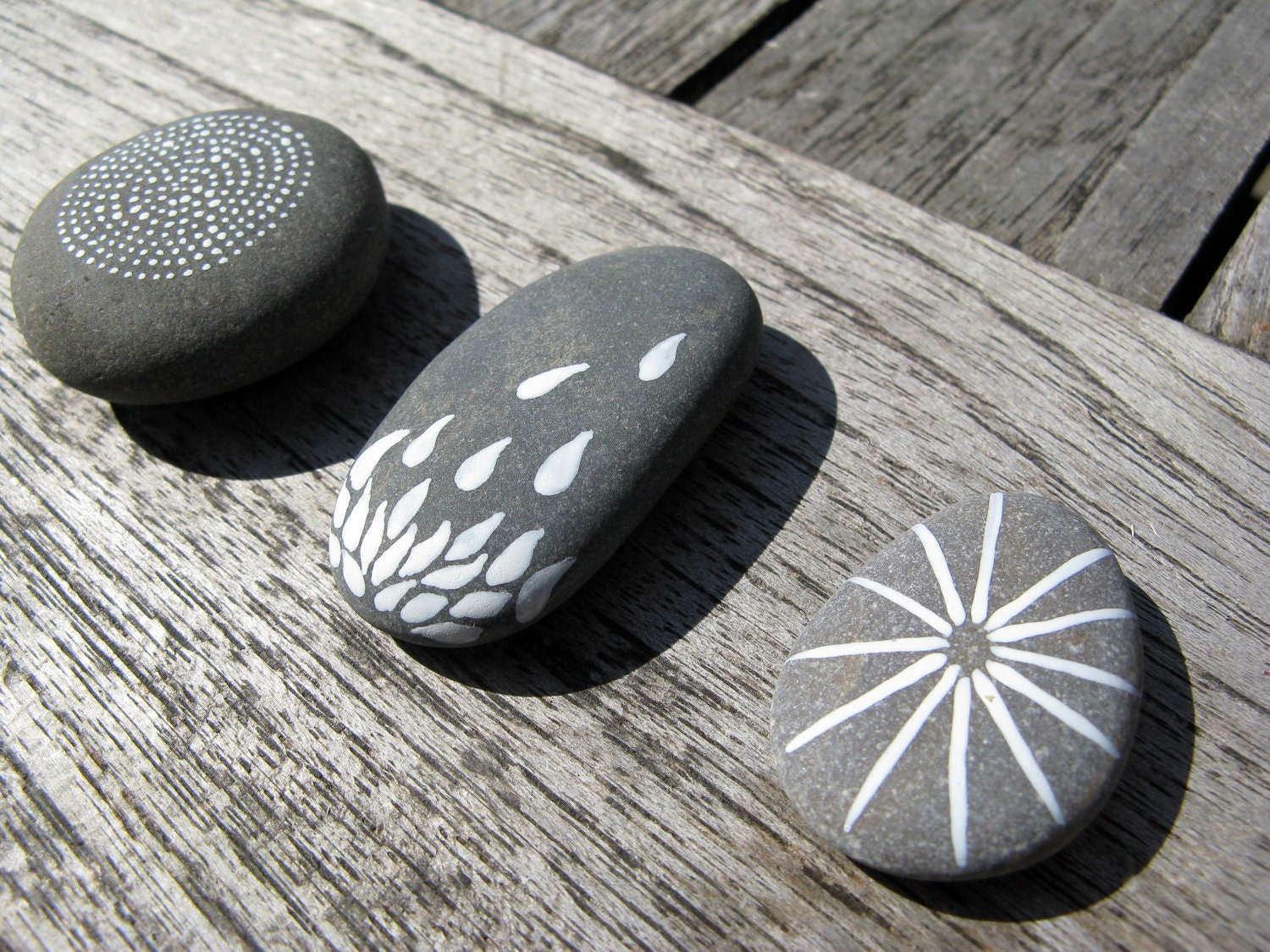Set of Three Painted Gray Beach Stones