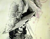 Victorian Dress Skeleton Charcoal Drawing on Stained Paper