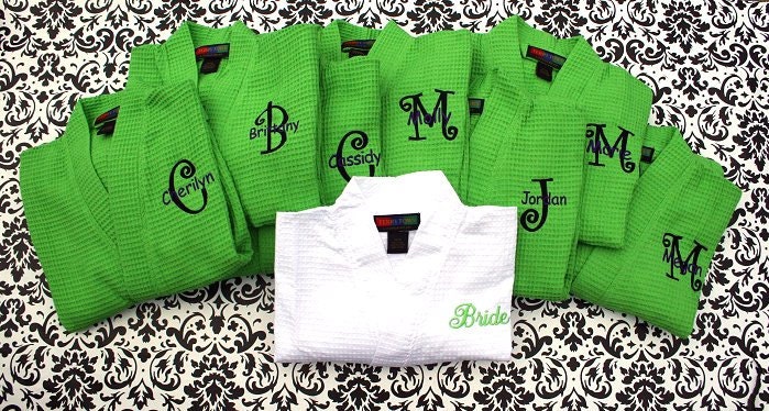 SET OF 8 - Monogrammed  Robes - Waffle Weave Robe - Bridesmaid Gifts - Wedding Party Gift - Purple, Pink, Green, Brown, Black, White