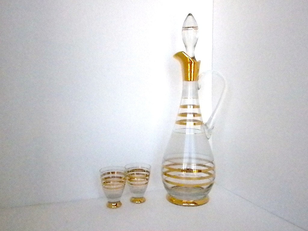 Glass and Gold Decanter with shot glasses, Made in Romania