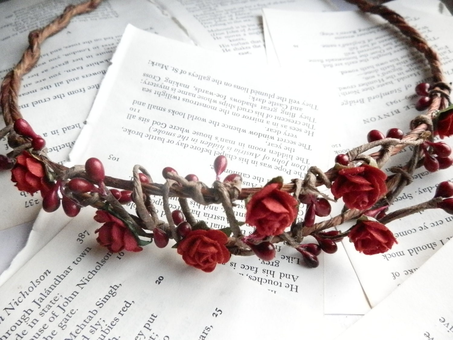 Vidia - A delicate red rose and burgundy pip berry hair  floral crown wreath hairband