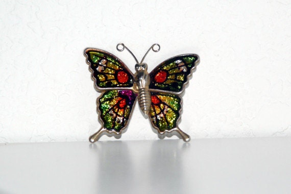 Vintage colorful Butterfly stained glass Gold Brooch AuldLangSyne1 READY to SHIP