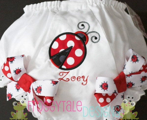 Monogrammed Ladybug Diaper Cover Tutu Bloomer with Double Ribbon Bows for Little Baby Girls - PERSONALIZED Custom