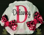 Monogrammed Diaper Cover Tutu Bloomer with Fuchsia and Black Polka Dot Ribbon Double Bows for Little Baby Girls - PERSONALIZED Custom