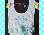 Princess Crown Infant to Toddler Girls Bib in Aqua and Turquoise Polka Dots for Little Baby Girls- PERSONALIZED Custom