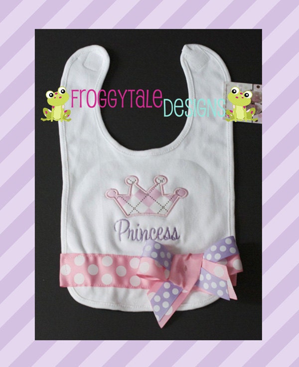 Princess Crown Argyle Print Infant to Toddler Girls Bib in Baby Pink and Lilac Polka Dot Ribbons for Little Baby Girls- PERSONALIZED Custom