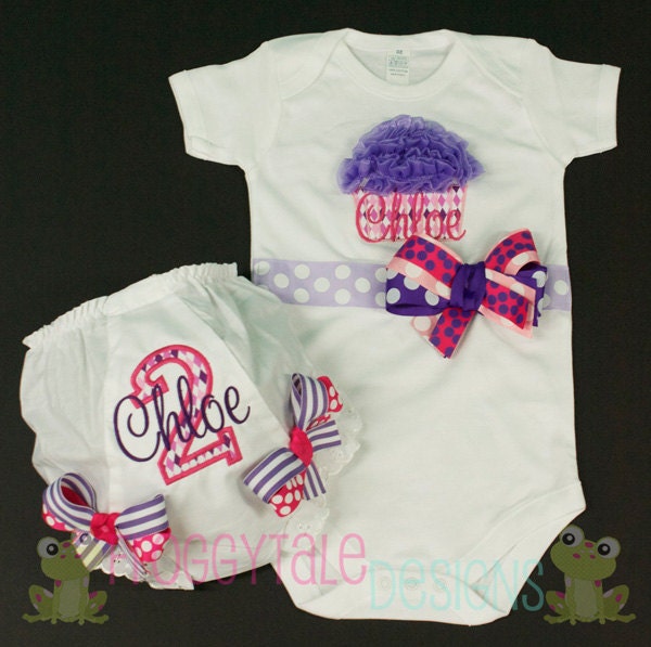 Birthday PERSONALIZED Ruffled Cupcake Bodysuit Onesie and Diaper Cover Tutu Bloomer Set in Pink and Purple for Little Baby Girls - Custom