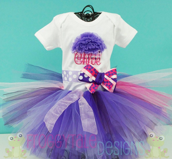 Birthday PERSONALIZED Ruffle Cupcake Bodysuit Onesie and Tutu Outfit in Purples and Pinks for Little Baby Girls - CUSTOM