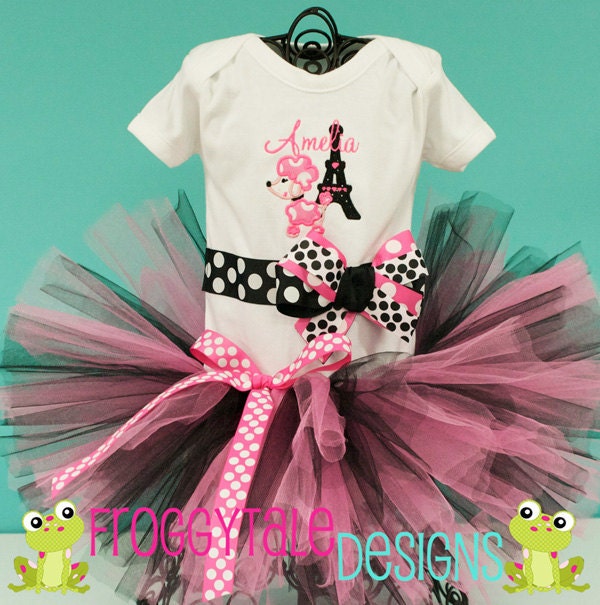 PERSONALIZED Eiffel Tower and Poodle Bodysuit Onesie or Toddler Shirt and Tutu Outfit in Hot Pink and Black for Little Baby Girls - CUSTOM
