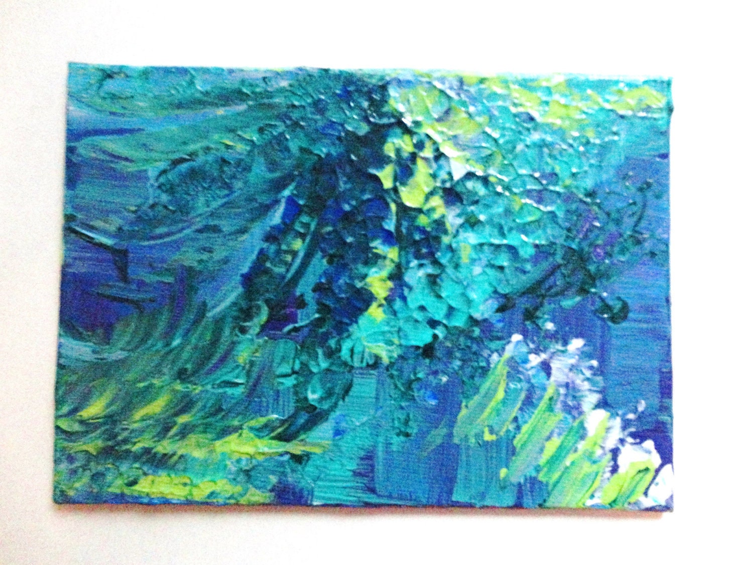 SALE - Original Acrylic Painting Abstract 5 x 7 OOAK Art Dive In Water Blue Ocean Waves Yellow Citrine Aqua Forest Green Seafoam Cerulean