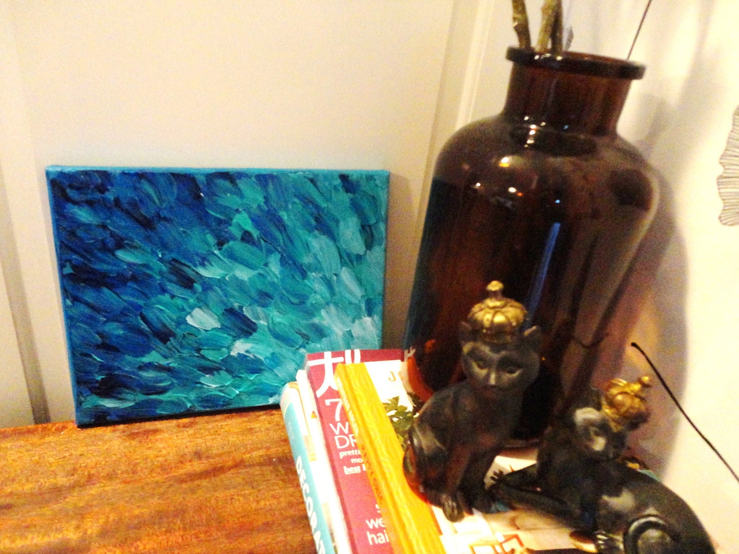 SALE - Original Acrylic Painting Peacock Blue Fish Scales Abstract FREE SHIPPING 8 x 10 Modern Fine Art Impasto Texture Teal Royal Navy Blue