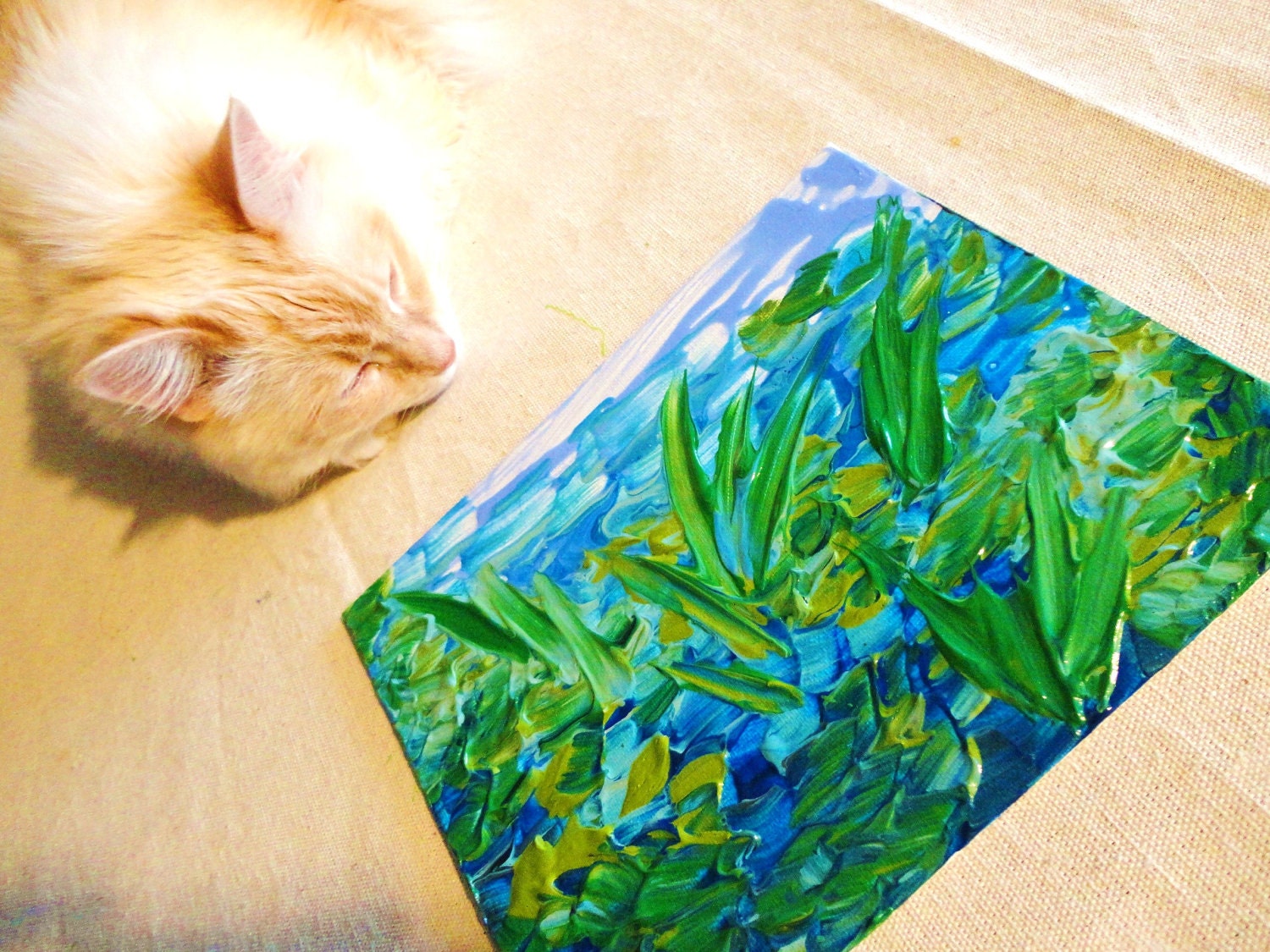RESERVED for Erica - Original Abstract Acrylic 8 x 10 Painting Lake Love Blue Green Seaweed Lovely Art OOAK For Him Gift Under 75