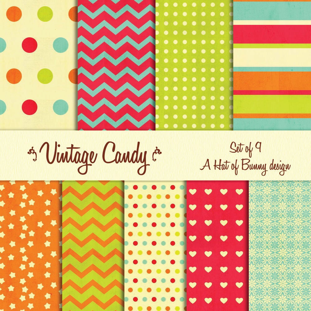 Vintage Candy Digital Paper set of 9. Colorful by HatOfBunny