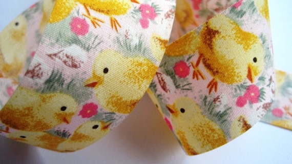 Chicky Cotton Ribbon Trim, Yellow / Pink, 1 3/8" inch wide, 1 yard For Home Decor, Accessories, Scrapbook, Children Crafts
