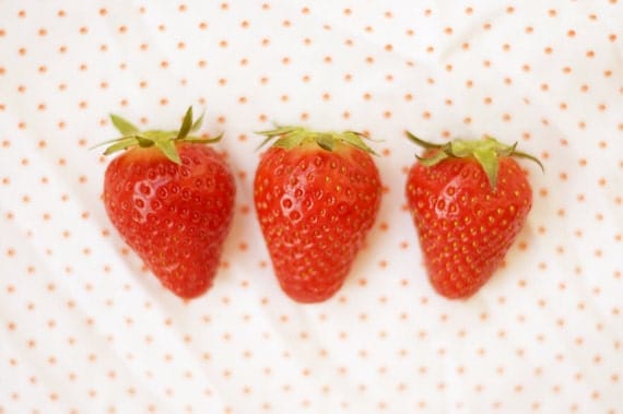 Strawberry fine art photography 4x6 print - red green polka dot strawberries photo - food photography - children room decor