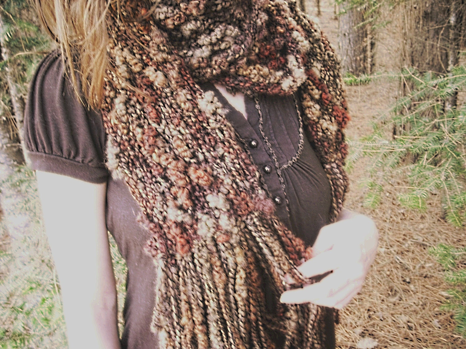 Falling Leaves Scarf -- Extra Long Autumn Colors Handknitted