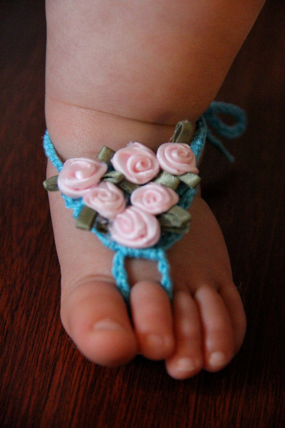 Baby Barefoot Sandals Crochet with Satin Roses Infant Size