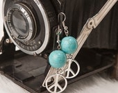 Turquoise Blue Howlite Stones & Silver Peace Sign Dangle Earrings