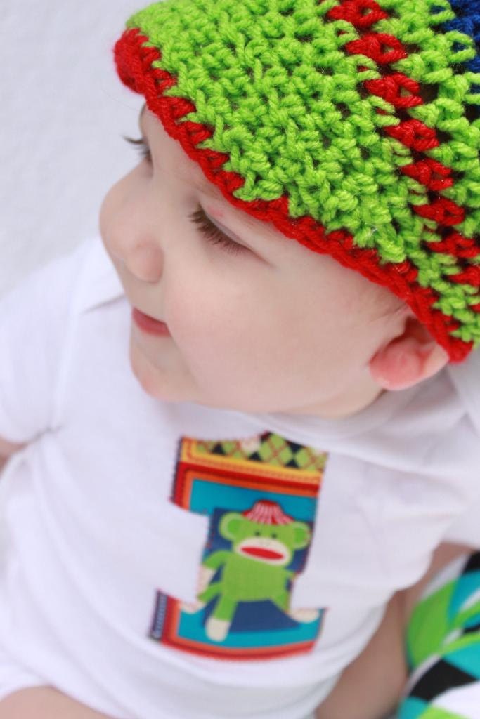 Baby boy 1st Birthday outfit onesie/bodysuit and crochet hat set, sock monkey, photo prop