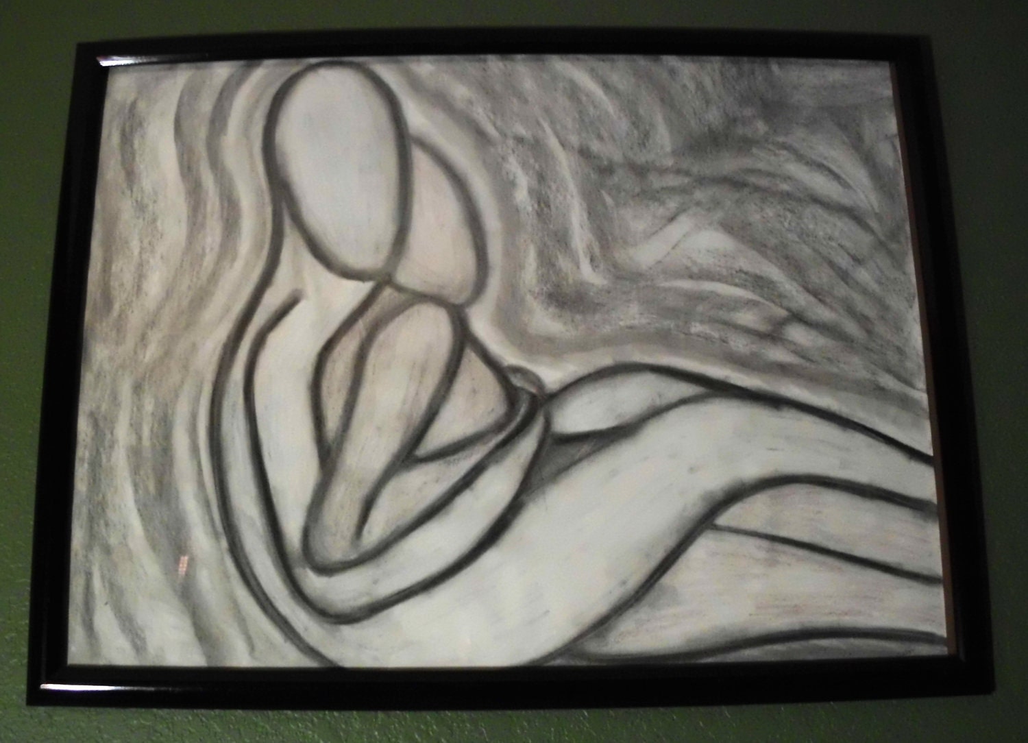 Original Charcoal Drawing, Embrace, 18 x 24", Black Frame
