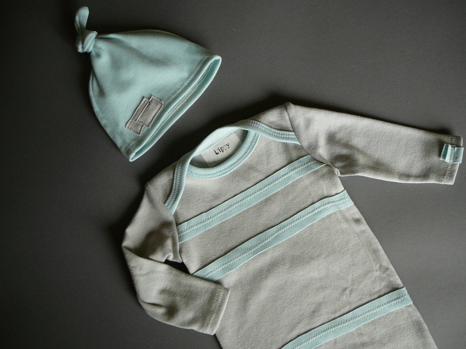 Coming Home Outfit. (size newborn gown and hat) ---Gray and Blue--- READY TO SHIP (lippybrand)