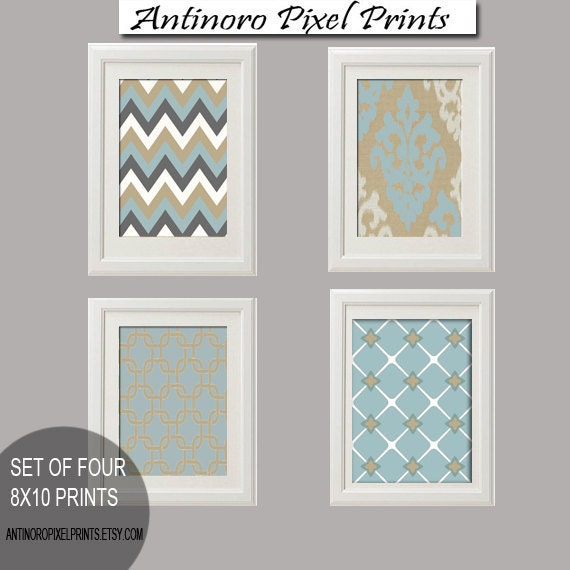 Vintage / Modern inspired Art Prints Collection(series A)  -Set of 4 - 8x10 Prints - Tiffany Grey (UNFRAMED)