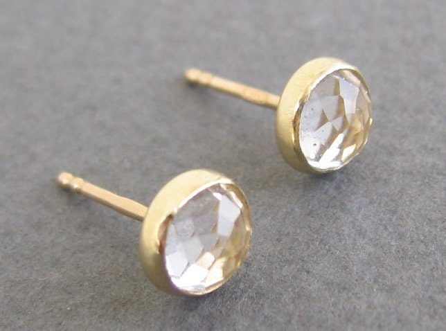 Topaz post earrings,diamond look 14k Solid gold stud earrings 6mm.-lowest price for solid gold