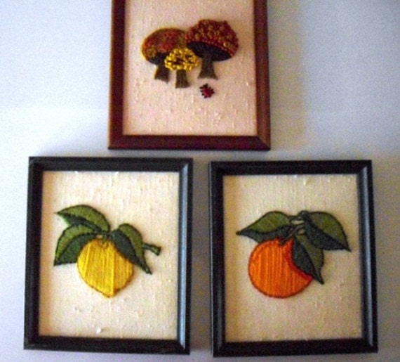Retro Garden Needlepoint Pictures, Wood Framed, set of 3