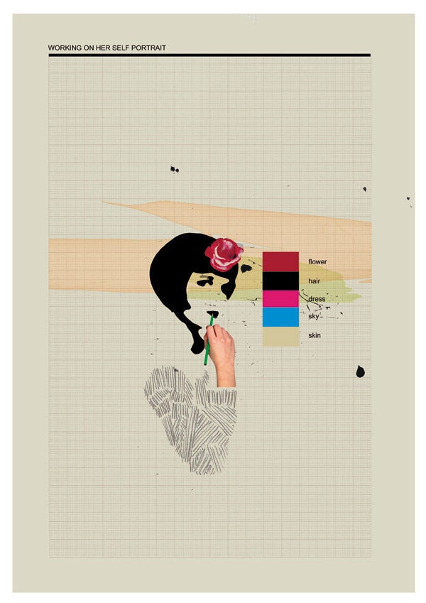 Working on her self portrait - art print- mixed media digital collage- mixed media digital collage